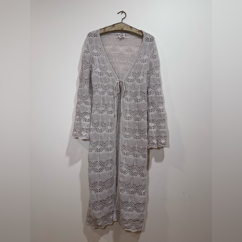 Hippie Rose Light Gray Crochet Long Cardigan/Duster